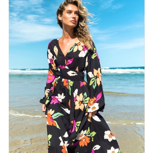 billabong night bloom maxi dress Billabong Night Bloom Maxi Dress Empire Waist Boho Hippie Long Sleeve Women's S